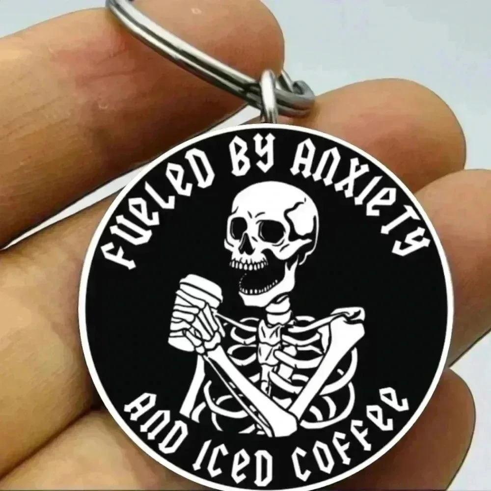 Fuelded by anxiety and ices coffee hot skeleton art keychain
